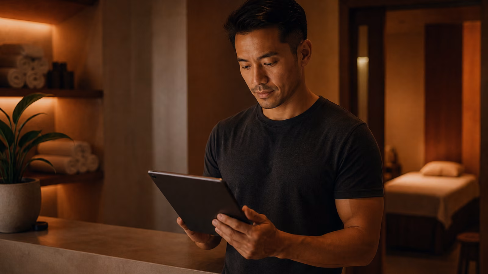 Pemilik wellness mengecek appointment melalui tablet